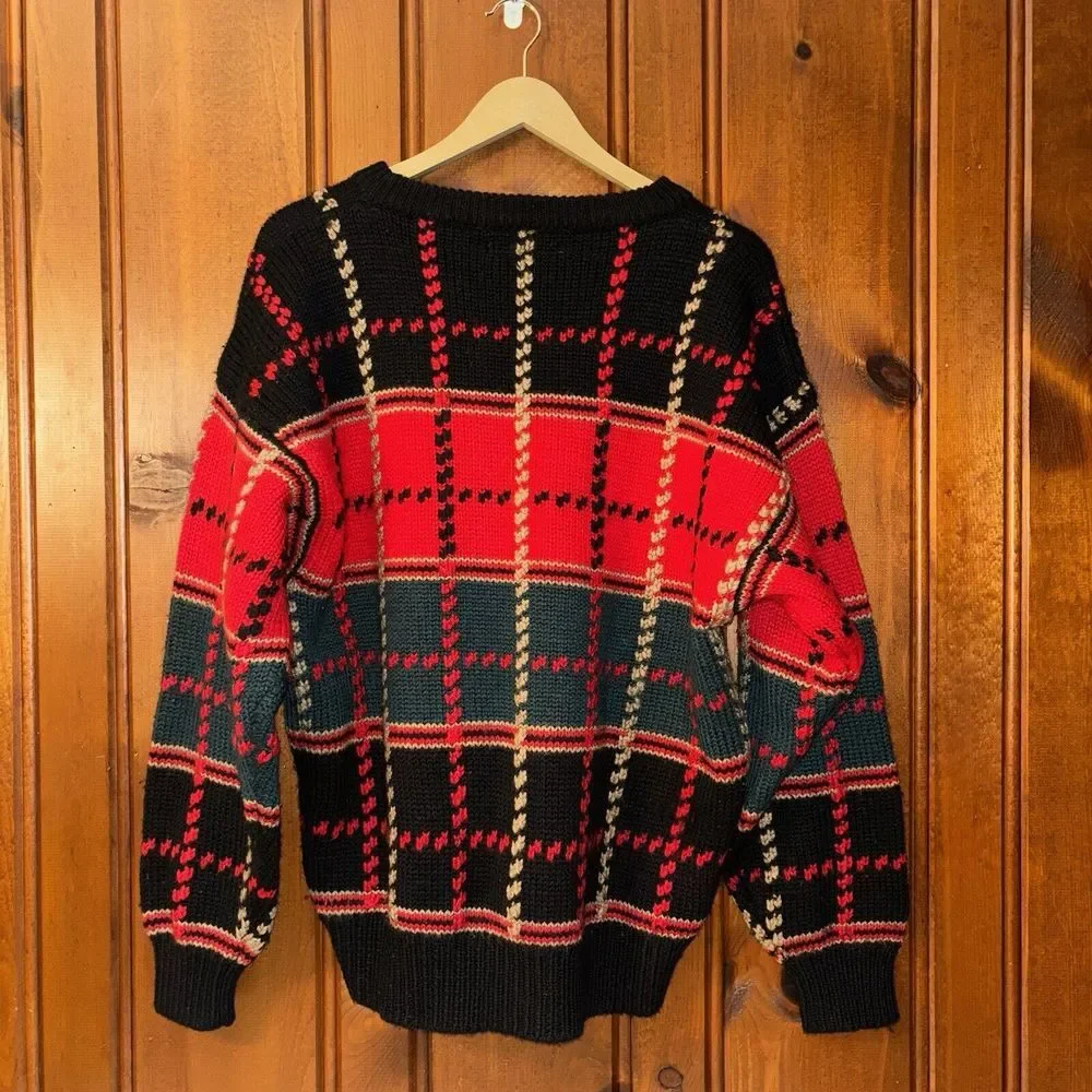VTG 80s American Eagle Xmas Sweater Mens Large Red Green Black Plaid Chunky Wool
